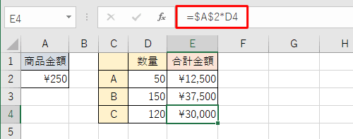 セル「A2」を絶対参照先として指定した場合の一例
