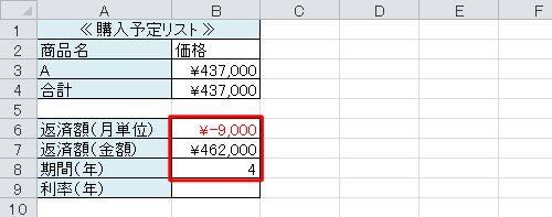 各項目に該当するセルを入力します
