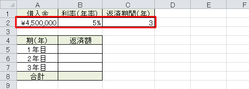 各項目に該当するセルを入力します