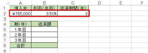 各項目に該当するセルを入力します