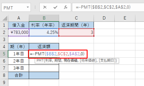 セルB5をダブルクリックし、各セルの行番号と列番号に「$」を付けて、絶対参照に変更します。また、数式の先頭に「-」を付けて、正の数に修正します
