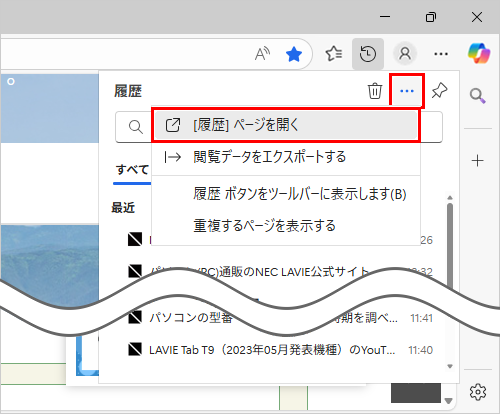 表示された一覧から「アイコン」（その他のオプション）をクリックし、表示されたメニューから「[履歴]ページを開く」をクリックします