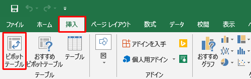 リボンから「挿入」タブをクリックし、「テーブル」グループの「ピボットテーブル」をクリックします
