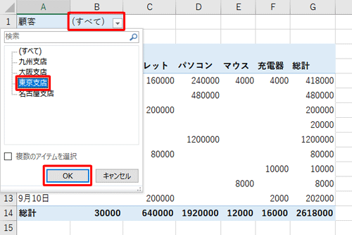 ピボットテーブル内のドロップダウンリストから、任意の項目をクリックして「OK」をクリックすると、表の内容や集計結果が自動で切り替わります
