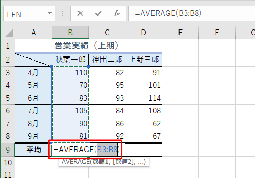 平均値を表示したいセルに「AVERAGE」関数とセル範囲が入力されるので、「Enter」キーを押します
