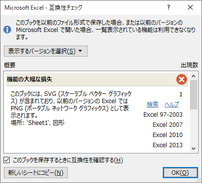 「互換性チェック」ダイアログボックス（一例）