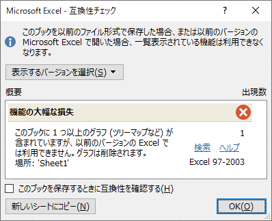 「互換性チェック」ダイアログボックス（一例）