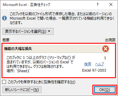 問題がある場合は「概要」欄に表示されるため、内容を確認して「OK」をクリックします