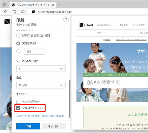「オプション」欄の「背景のグラフィックス」にチェックを入れます