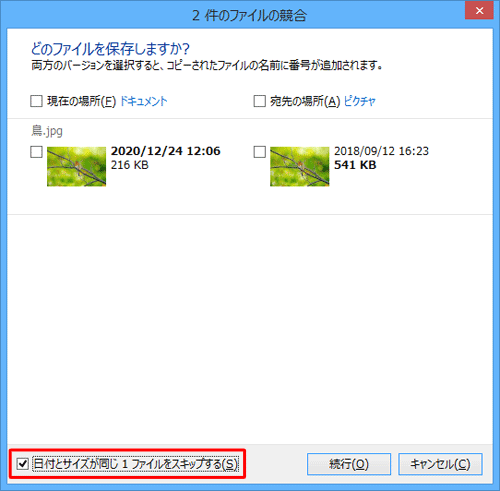 「日付とサイズが同じ（個数）ファイルをスキップする」にチェックを入れると、更新日時とサイズが同じファイルはコピーの対象外となり、それ以外のファイルのみ表示されます