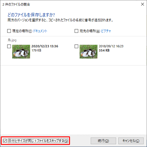 「日付とサイズが同じ（個数）ファイルをスキップする」にチェックを入れると、更新日時とサイズが同じファイルはコピーの対象外となり、それ以外のファイルのみ表示されます