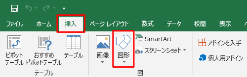 リボンから「挿入」タブをクリックし、「図」グループの「図形」をクリックします