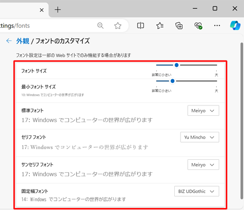 「フォントのカスタマイズ」をクリックすると、文字サイズのより詳細な設定や、フォントの変更を行うことができます