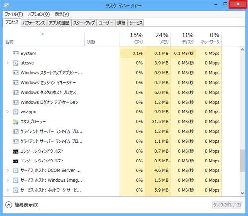 画面右上の「×」（閉じる）をクリックします