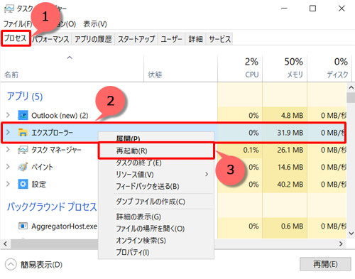 「プロセス」タブをクリックし、「エクスプローラー」を右クリックして、表示された一覧から「再起動」をクリックします