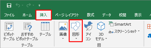 リボンから「挿入」タブをクリックし、「図」グループの「図形」をクリックします