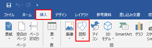 リボンから「挿入」タブをクリックし、「図」グループの「図形」をクリックします