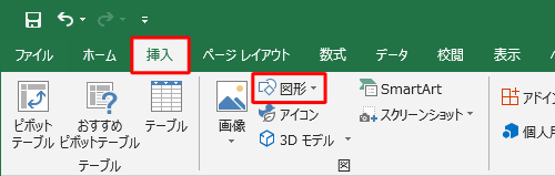 リボンから「挿入」タブをクリックし、「図」グループの「図形」をクリックします