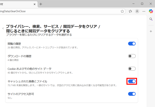 「キャッシュされた画像とファイル」のスイッチをクリックして「オン」にします