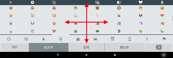 「絵文字/記号/顔文字」入力は、上下左右にスクロールするとさまざまな文字や記号などが表示されます
