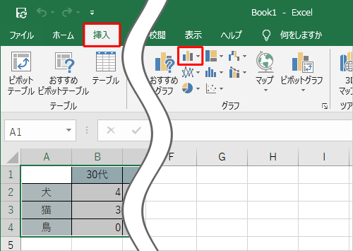 リボンから「挿入」タブをクリックし、「グラフ」グループの「縦棒/横棒グラフの挿入」をクリックします