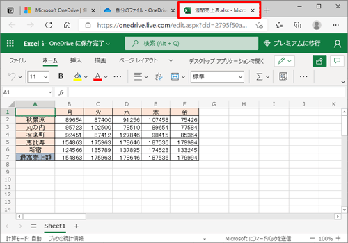 新しいタブででExcel Onlineが起動して、ファイルが表示されます