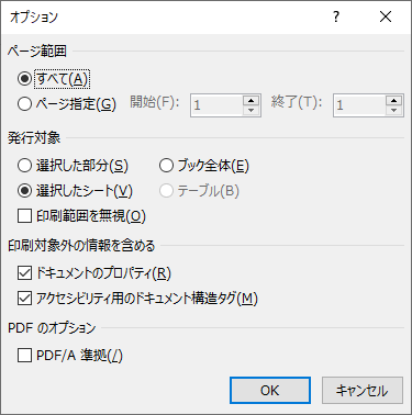 「オプション」をクリックすると、PDFファイル形式で保存するページの範囲や発行対象などの設定を行うことができます