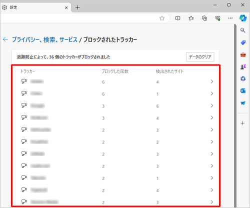 トラッカー名やブロックした回数、検出されたサイト数を確認します