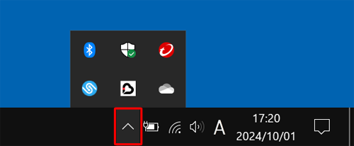 「アイコン」（OneDrive）が表示されていない場合は、タスクバーの通知領域の「アイコン」（隠れているインジケーターを表示します）をクリックします
