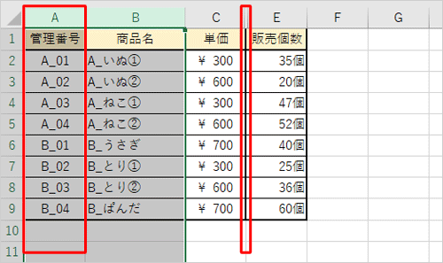 D列は非表示のまま、A列だけが再表示できたことを確認してください