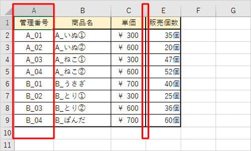 D列は非表示のまま、A列だけが再表示できたことを確認してください