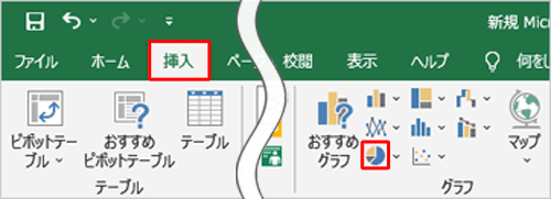リボンから「挿入」タブをクリックして、「グラフ」グループの「円またはドーナツグラフの挿入」をクリックします