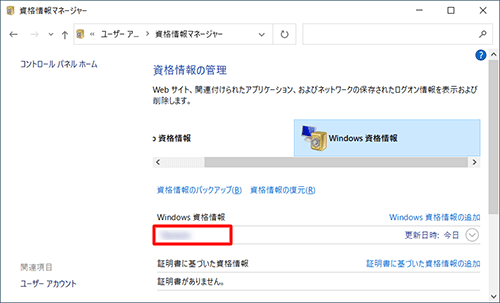 「Windows資格情報」欄から、該当の項目が追加されたことを確認してください