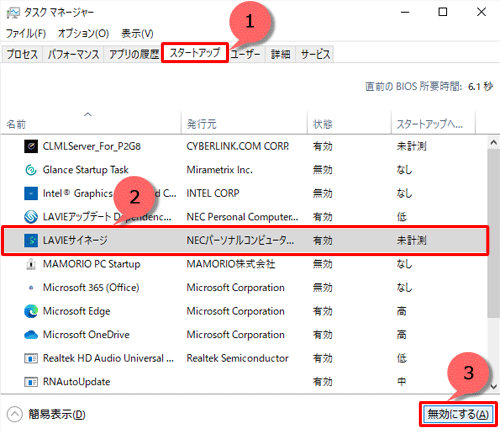 「スタートアップ」をクリックし、表示された一覧から「LAVIEサイネージ」をクリックして、画面右下の「無効にする」をクリックします