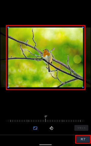 四隅に表示された「○」や画像を動かして、表示したい範囲を設定したら、画面右下の「完了」をタップします