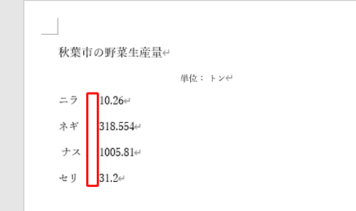 数値を含むすべての行にタブを挿入し、数値の左端を揃えます