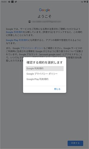 利用規約やプライバシーポリシーを確認する場合は、目的の項目をタップし、それぞれの内容を表示します