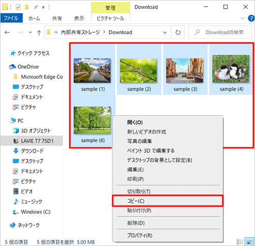 フォルダーまたはデータの上で右クリックして、表示された一覧から「コピー」をクリックします