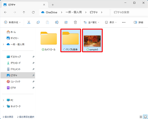 ファイルやフォルダーの保存場所を表示し、合計サイズを調べたいファイルやフォルダーをクリックします