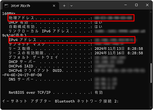 「IPv4アドレス」にIPアドレスの値、「物理アドレス」にMACアドレスの値が表示されます