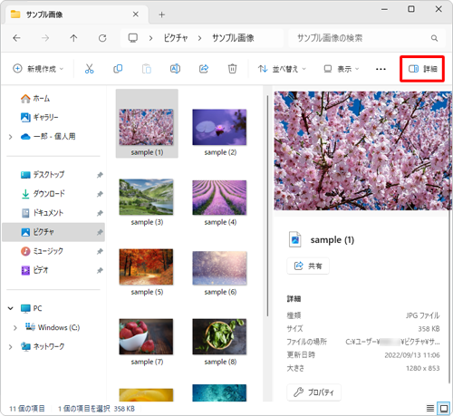 詳細ウィンドウを非表示に切り替える場合は、画面上部のメニューから「詳細」をクリックします