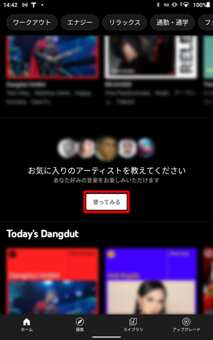 「使ってみる」をタップし、お好みのアーティストを選択することで、関連した音楽やプレイリストを表示することができます