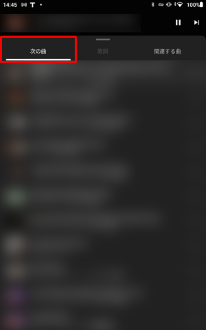 「次の曲」をタップすると、再生中のプレイリスト内の曲が一覧表示され、別の曲を再生したり、再生の順番を変更したりすることができます