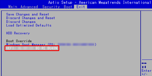 「Boot Override」欄から再セットアップメディアのデバイス名を選択し、「Enter」キーを押します