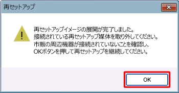 「再セットアップイメージの展開が完了しました。…」というメッセージが表示されたら、再セットアップメディアを取り出して「OK」をクリックします