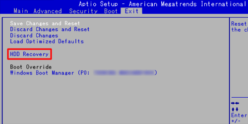 矢印キー「↓」で「HDD Recovery（HDDリカバリー）」を選択し、「Enter」キーを押します