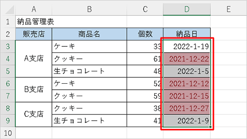 条件付き書式が設定されているセルを範囲選択します