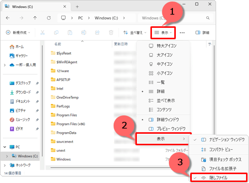 画面上部のメニューから「表示」をクリックし、表示された一覧の「表示」にマウスポインターを合わせて「隠しファイル」にチェックを入れます