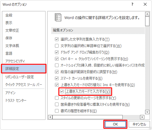 画面左側から「詳細設定」をクリックし、「編集オプション」欄から「上書き入力モードで入力する」にチェックを入れて「OK」をクリックします