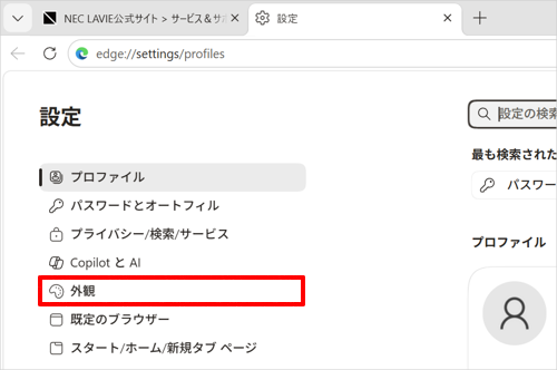 画面左側から「外観」をクリックします